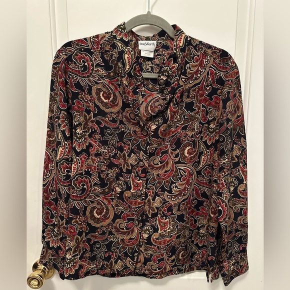 BonWorth Navy and Beige Paisley Blouse - Picture 1 of 3